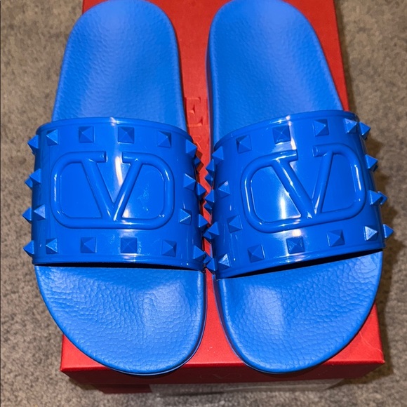 Valentino Vibrant Blue Studded Slides